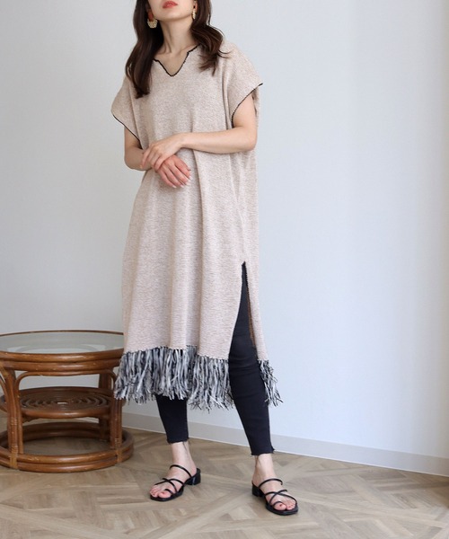 vingtrois（バントロア）の「【Vingtrois】リネンブレンドテープヤーン配色フリンジチュニックカフタンワンピース（ワンピース・レディース・ライトグレー/ベージュ・M）」の21枚目の写真