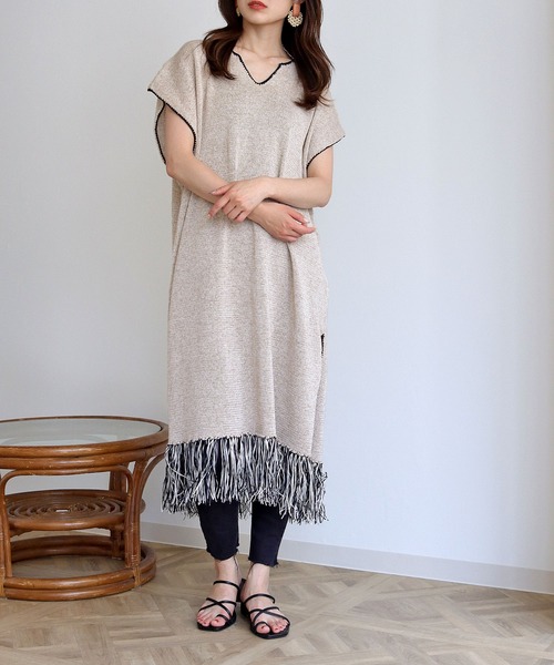 vingtrois（バントロア）の「【Vingtrois】リネンブレンドテープヤーン配色フリンジチュニックカフタンワンピース（ワンピース・レディース・ライトグレー/ベージュ・M）」の22枚目の写真