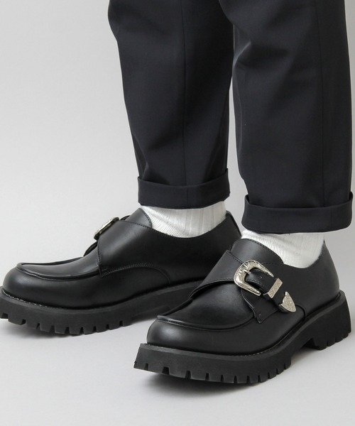 glabella（グラベラ）の「厚底 タンクソール アンティークバックル モンクストラップシューズ / フェイクレザー スリッポン（ドレスシューズ・メンズ・ブラック・S/M/L）」の2枚目の写真