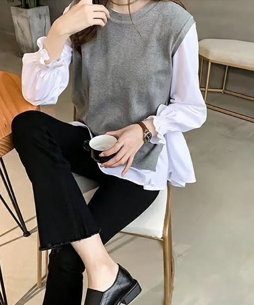 AMELY（エミリー）の「ニットベストツーピーストップス（ベスト・レディース・ブラック/グレー/ブルー・フリー）」の10枚目の写真