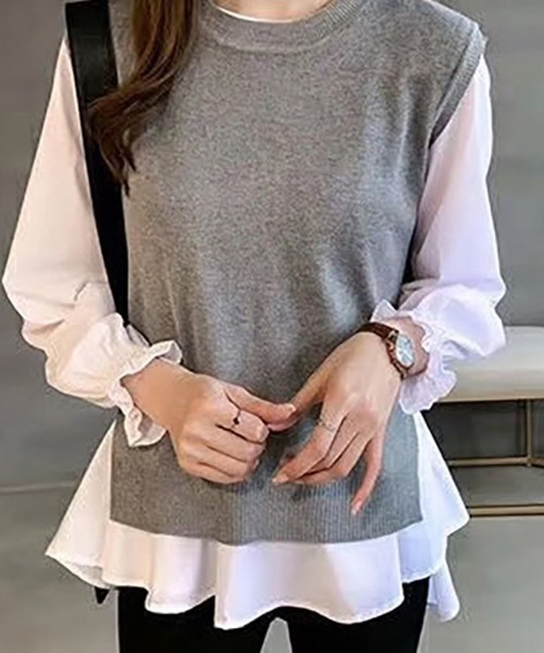 AMELY（エミリー）の「ニットベストツーピーストップス（ベスト・レディース・ブラック/グレー/ブルー・フリー）」の6枚目の写真