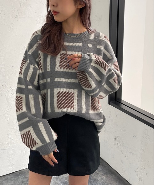 apres jour mignon(アプレジュールミニョン)の「チェック柄ニット【ZOZOTOWN限定アイテム】(ニット/セーター・レディース・ネイビー/ブラック/アイボリー・フリー/X-LARGE)」の2枚目の写真