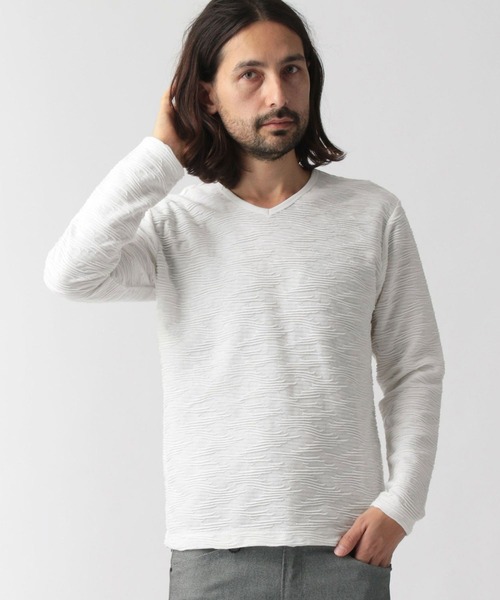 NICOLE CLUB FOR MEN（ニコルクラブフォーメン）の「【22年春モデル】ブリスタージャカード長袖Ｖネックプルオーバー（Tシャツ/カットソー・メンズ・ブラック/ホワイト/ホワイト×ネイビー/ホワイト×ブラック・MEDIUM/X-LARGE/LARGE）」の2枚目の写真