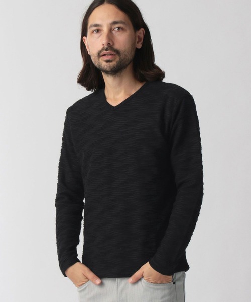 NICOLE CLUB FOR MEN（ニコルクラブフォーメン）の「【22年春モデル】ブリスタージャカード長袖Ｖネックプルオーバー（Tシャツ/カットソー・メンズ・ブラック/ホワイト/ホワイト×ネイビー/ホワイト×ブラック・MEDIUM/X-LARGE/LARGE）」の4枚目の写真