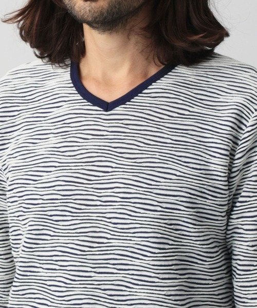 NICOLE CLUB FOR MEN（ニコルクラブフォーメン）の「【22年春モデル】ブリスタージャカード長袖Ｖネックプルオーバー（Tシャツ/カットソー・メンズ・ブラック/ホワイト/ホワイト×ネイビー/ホワイト×ブラック・MEDIUM/X-LARGE/LARGE）」の7枚目の写真