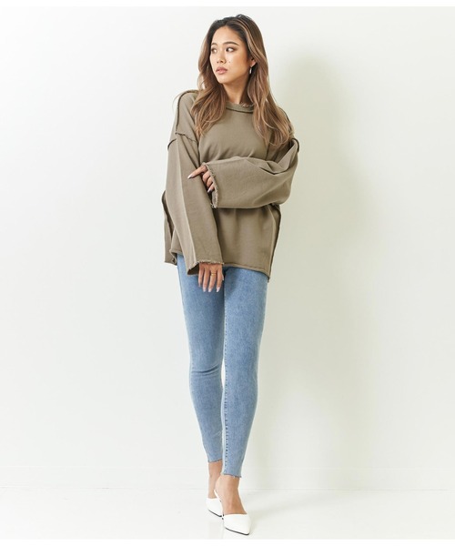 ANAP（アナップ）の「オーバーサイズダメージ裏毛トップス（スウェット・レディース・ブラウン/アイボリー/スミクロ/イエロー×グリーン・FREE）」の8枚目の写真