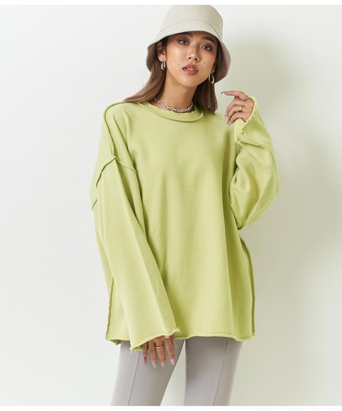 ANAP（アナップ）の「オーバーサイズダメージ裏毛トップス（スウェット・レディース・ブラウン/アイボリー/スミクロ/イエロー×グリーン・FREE）」の9枚目の写真