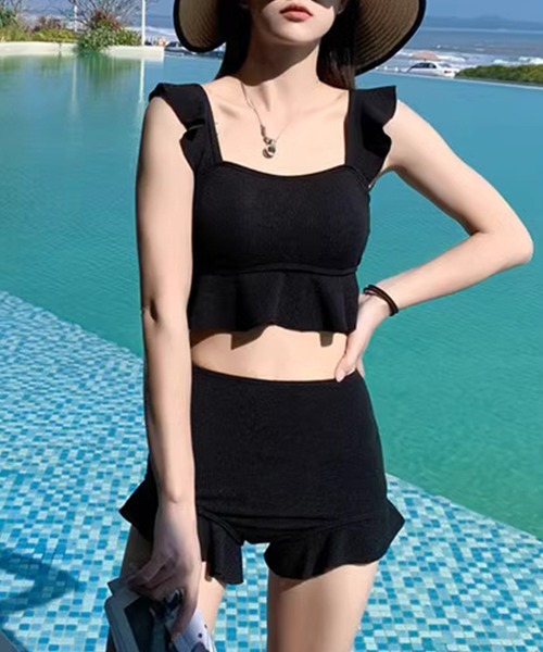 TeddyShop（テディショップ）の「【大きいサイズ有/リップル風 立体生地】レディース水着 ビスチェ風ビキニ フリルハイウエストタンキニ 上下2点セット（水着・レディース・ブラック/テラコッタ/カーキ/グレー/ブラウン/ライトベージュ/ネイビー・LL/M/L）」の15枚目の写真