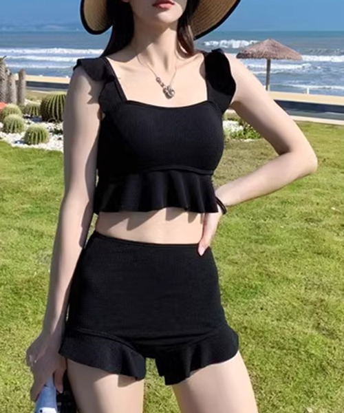 TeddyShop（テディショップ）の「【大きいサイズ有/リップル風 立体生地】レディース水着 ビスチェ風ビキニ フリルハイウエストタンキニ 上下2点セット（水着・レディース・ブラック/テラコッタ/カーキ/グレー/ブラウン/ライトベージュ/ネイビー・LL/M/L）」の13枚目の写真