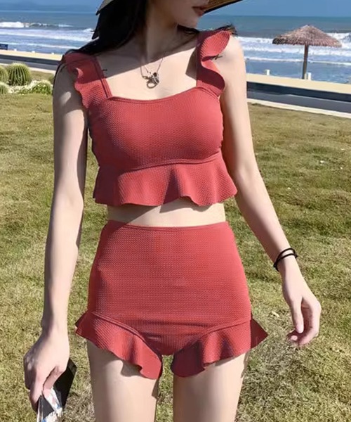 TeddyShop（テディショップ）の「【大きいサイズ有/リップル風 立体生地】レディース水着 ビスチェ風ビキニ フリルハイウエストタンキニ 上下2点セット（水着・レディース・ブラック/テラコッタ/カーキ/グレー/ブラウン/ライトベージュ/ネイビー・LL/M/L）」の17枚目の写真