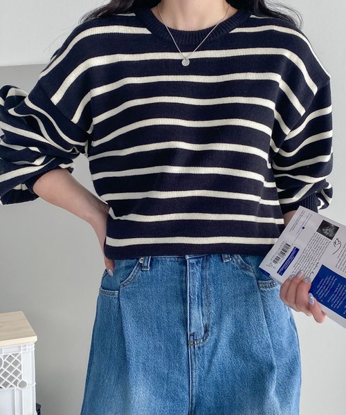 fd style(エフディ スタイル)の「後ろボタンストライプニット(ニット/セーター・レディース・Navy/White・FREE)」の10枚目の写真