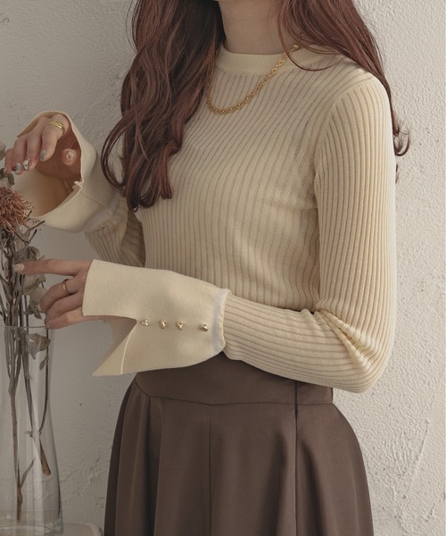 Ambre Ciel（アンブルシエル）の「シアーリブフレアニット／【WEB/EC限定商品】（Tシャツ/カットソー・レディース・アイボリー/ブラック/ライトグリーン・FREE）」の3枚目の写真