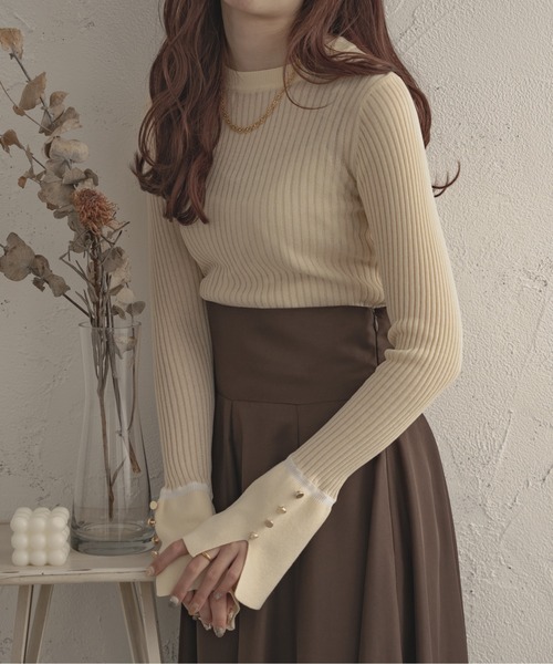 Ambre Ciel（アンブルシエル）の「シアーリブフレアニット／【WEB/EC限定商品】（Tシャツ/カットソー・レディース・アイボリー/ブラック/ライトグリーン・FREE）」の15枚目の写真