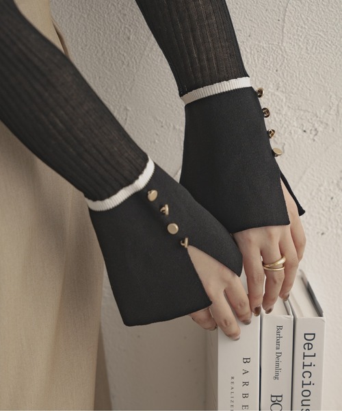 Ambre Ciel（アンブルシエル）の「シアーリブフレアニット／【WEB/EC限定商品】（Tシャツ/カットソー・レディース・アイボリー/ブラック/ライトグリーン・FREE）」の9枚目の写真