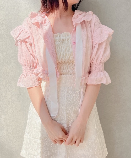 lilLilly（リルリリー）の「Babyシアーフリルフーディー（カーディガン/ボレロ・レディース・ブラック/ライトブルー/ベビーピンク/ホワイト・FREE）」の4枚目の写真