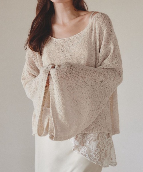 pomiii（ポミー）の「オフショルフレアスリーブニット（ニット/セーター・レディース・ベージュ/アイボリー/ミント/ラベンダー・FREE）」の2枚目の写真