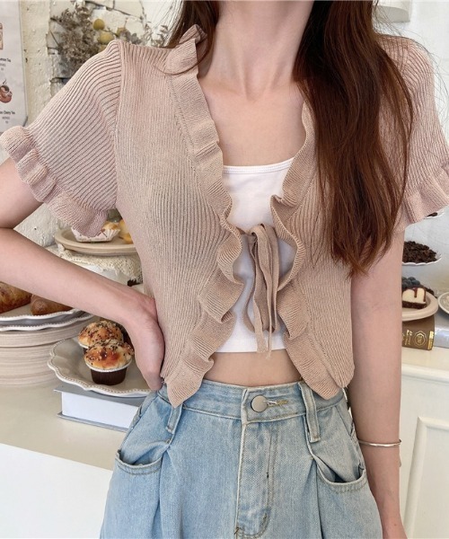 セール】フロントリボンフリル半袖ボレロ（カーディガン/ボレロ