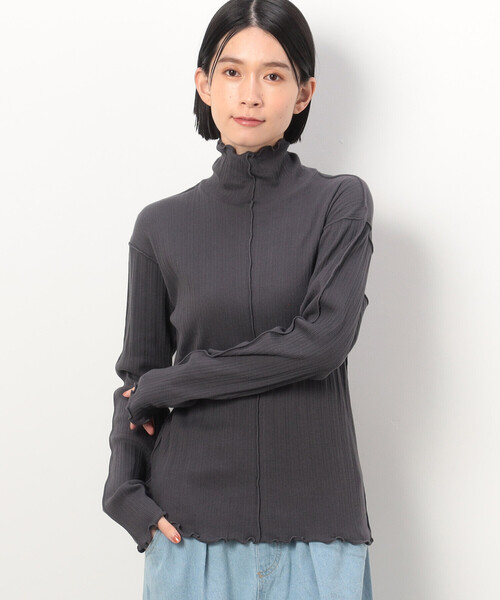 ONIGIRI(オニギリ)の「ランダムリブ ハイネック ロングスリーブ カットソー(Tシャツ/カットソー・レディース・ワイン/カーキ/アイボリー/マスタード/イエロー/ライラック/ネイビー/グレー/ミント/チャコール・FREE)」の4枚目の写真
