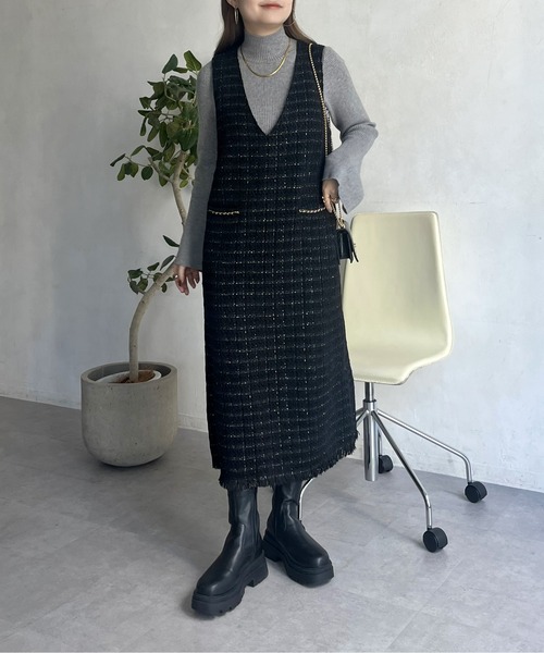 prose verse(プロズヴェール)の「ポケットチェーンツイードチェックジャンスカ(ジャンパースカート・レディース・ブラック・MEDIUM)」の2枚目の写真