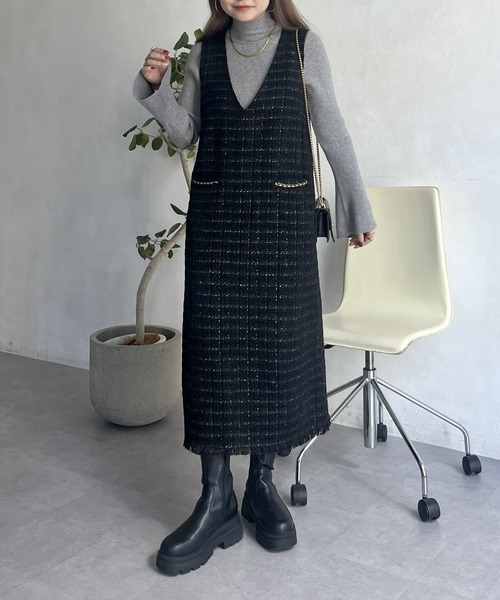 prose verse(プロズヴェール)の「ポケットチェーンツイードチェックジャンスカ(ジャンパースカート・レディース・ブラック・MEDIUM)」の7枚目の写真