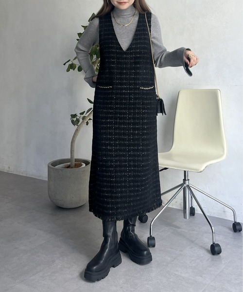 prose verse(プロズヴェール)の「ポケットチェーンツイードチェックジャンスカ(ジャンパースカート・レディース・ブラック・MEDIUM)」の10枚目の写真