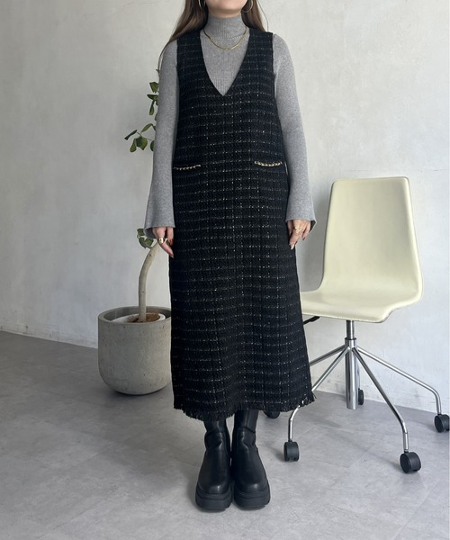 prose verse(プロズヴェール)の「ポケットチェーンツイードチェックジャンスカ(ジャンパースカート・レディース・ブラック・MEDIUM)」の12枚目の写真