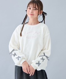 Amourire girl（アムリールガール）の「リボンレースアップスリーブ/肩リボンショート丈 シャギーフリース表裏起毛プルオーバー(130cm~160cm)（スウェット）」