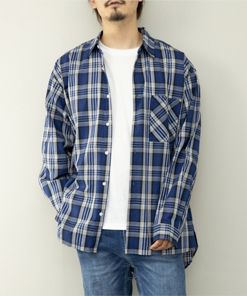 STYLEBLOCK(スタイルブロック)の「平織チェック柄長袖シャツ(BIGシルエット)(シャツ/ブラウス・メンズ・ネイビー/ブルー/レッド・M/L)」の2枚目の写真