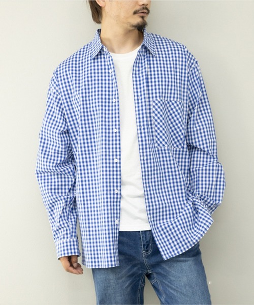 STYLEBLOCK(スタイルブロック)の「平織チェック柄長袖シャツ(BIGシルエット)(シャツ/ブラウス・メンズ・ネイビー/ブルー/レッド・M/L)」の3枚目の写真