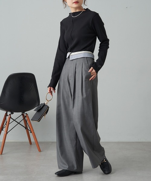 PUAL CE CIN（ピュアルセシン）の「ウエスト折り返しデザインタックワイドパンツ（スラックス・レディース・ブラック/グレー・FREE）」の15枚目の写真