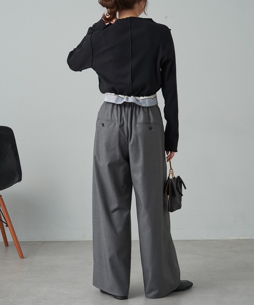 PUAL CE CIN（ピュアルセシン）の「ウエスト折り返しデザインタックワイドパンツ（スラックス・レディース・ブラック/グレー・FREE）」の13枚目の写真