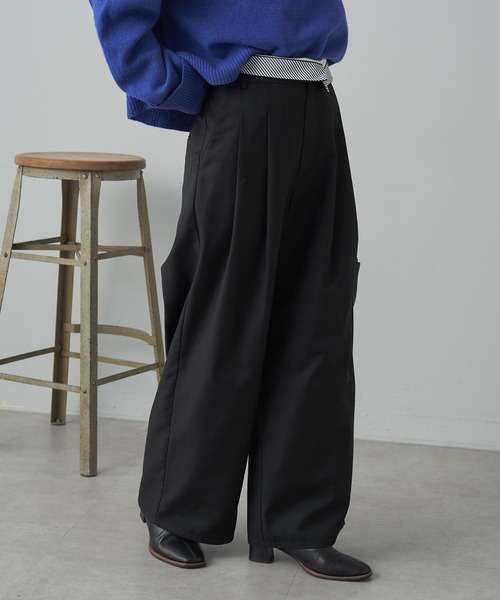 PUAL CE CIN（ピュアルセシン）の「ウエスト折り返しデザインタックワイドパンツ（スラックス・レディース・ブラック/グレー・FREE）」の6枚目の写真