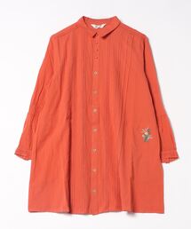 コットンカルゼはしごレースミックス＋フラワーワンポイント刺繍チュニックシャツ