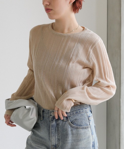 select MOCA(セレクトモカ)の「【ZOZO限定】シアーランダムリブニット(ニット/セーター・レディース・ライトグレー/アイボリー/ブラック/ピンクベージュ・FREE)」の4枚目の写真