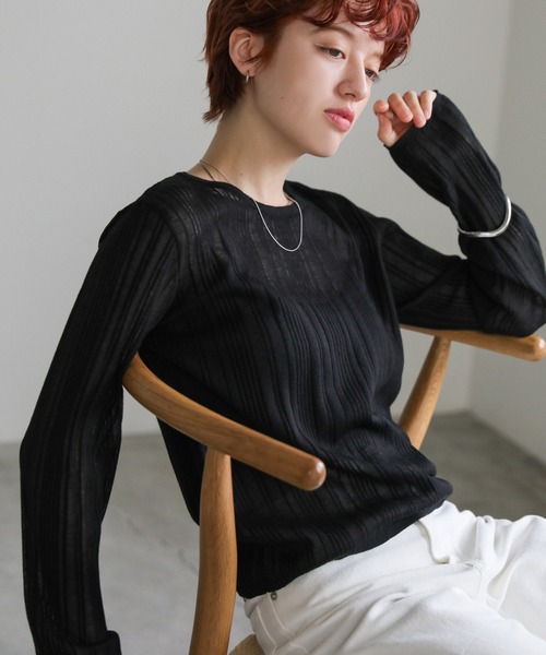 select MOCA(セレクトモカ)の「【ZOZO限定】シアーランダムリブニット(ニット/セーター・レディース・ライトグレー/アイボリー/ブラック/ピンクベージュ・FREE)」の3枚目の写真