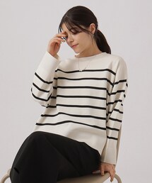 ◆【洗える】ラウンドネックボーダーニット