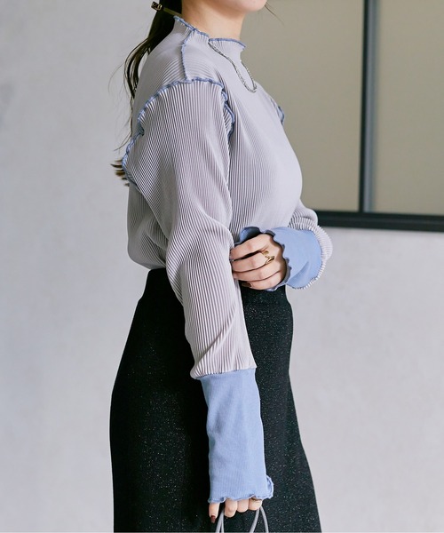 Thevon（ゼボン）の「袖先配色プリーツメロープルオーバー（Tシャツ/カットソー・レディース・グレー/チャコールグレー/ライトベージュ/ライム/ベージュ・FREE）」の19枚目の写真