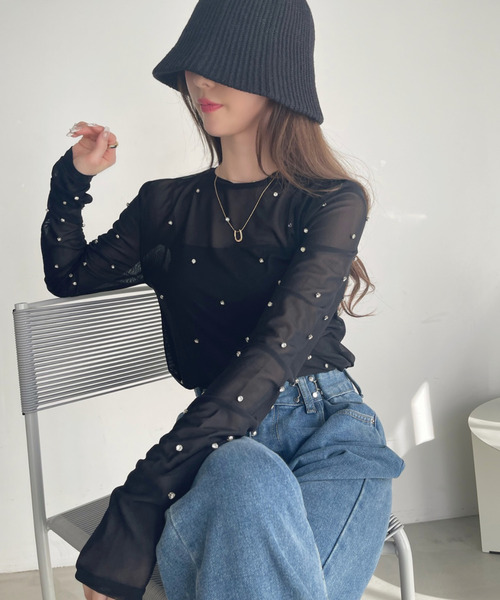 Ada.(エイダ)の「ビジュー付き メッシュ プルオーバー(Tシャツ/カットソー・レディース・ブルー/ブラック/アイボリー・FREE)」の11枚目の写真
