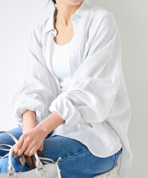 coca(coca)(コカ)の「麻混オーバーサイズシャツ/吸水速乾/接触冷感(シャツ/ブラウス・レディース・グレイッシュベージュ/ブラック/ライトブルー/ホワイト・M/L)」の2枚目の写真