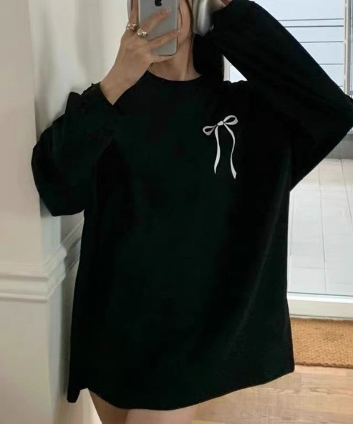 Vipoa(ヴィポア)の「リボンアクセントロンTee(Tシャツ/カットソー・レディース・ホワイト/ブラック・FREE)」の3枚目の写真