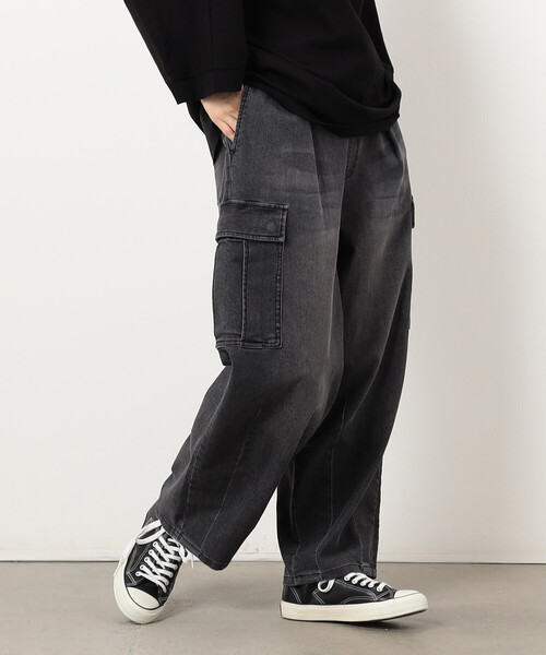 Purple&Yellow（パープルアンドイエロー）の「デニムカーゴワイドテーパードパンツ（デニムパンツ・メンズ・ケミカルウォッシュ/ブラック・X-SMALL/SMALL/MEDIUM/LARGE）」の19枚目の写真