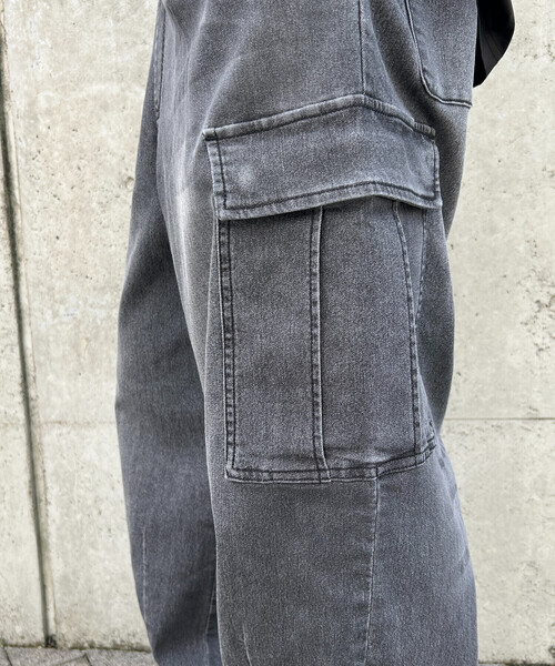 Purple&Yellow（パープルアンドイエロー）の「デニムカーゴワイドテーパードパンツ（デニムパンツ・メンズ・ケミカルウォッシュ/ブラック・X-SMALL/SMALL/MEDIUM/LARGE）」の8枚目の写真