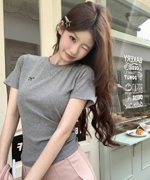 【Mayree】ワンポイント リボン 刺繍 Tシャツ