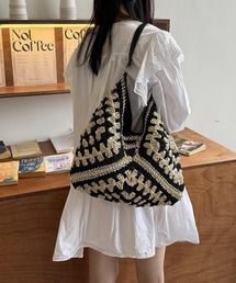編み柄配色トートバッグ 夏バッグ