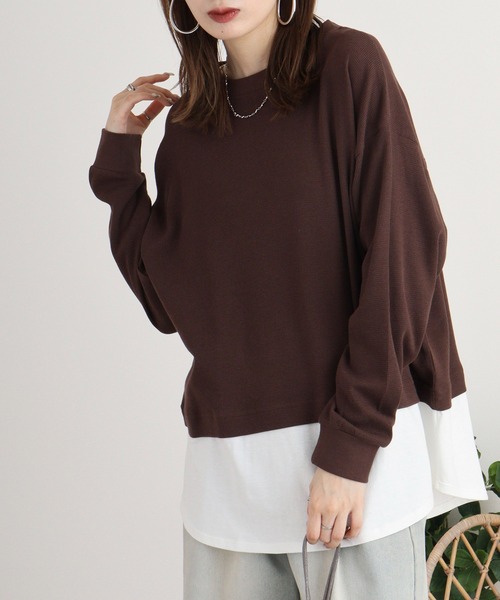 atONE(アットワン)の「ワッフル裾切り替え長袖Tシャツ(Tシャツ/カットソー・レディース・パープル/ブラウン/ブラック/カーキ/チャコールグレー・M-L/4L~5L/LL~3L)」の16枚目の写真