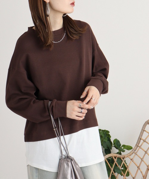 atONE(アットワン)の「ワッフル裾切り替え長袖Tシャツ(Tシャツ/カットソー・レディース・パープル/ブラウン/ブラック/カーキ/チャコールグレー・M-L/4L~5L/LL~3L)」の18枚目の写真