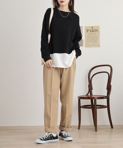 atONE(アットワン)の「ワッフル裾切り替え長袖Tシャツ(Tシャツ/カットソー・レディース・パープル/ブラウン/ブラック/カーキ/チャコールグレー・M-L/4L~5L/LL~3L)」の9枚目の写真