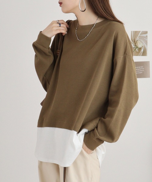 atONE(アットワン)の「ワッフル裾切り替え長袖Tシャツ(Tシャツ/カットソー・レディース・パープル/ブラウン/ブラック/カーキ/チャコールグレー・M-L/4L~5L/LL~3L)」の21枚目の写真