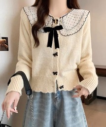 カワイイドットカラーリボンボタンカーディガン