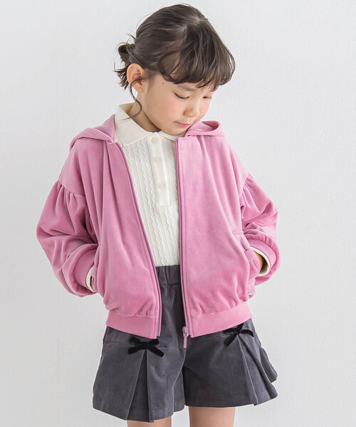 【セール】ベロアフード付きリボンポケットパーカー(90~150cm)（パーカー）｜BeBe（ベベ）